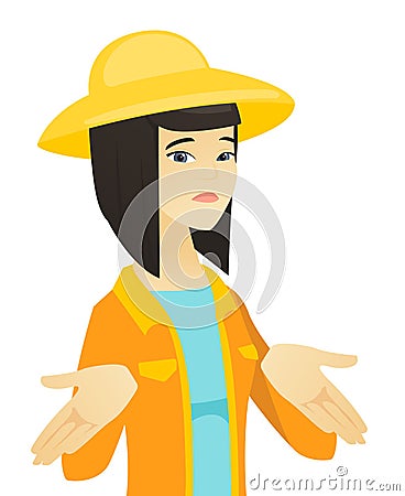 Young asian confused farmer shrugging shoulders. Vector Illustration