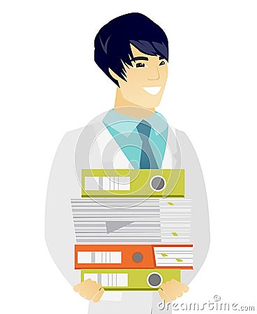 Young asian doctor holding pile of folders. Vector Illustration