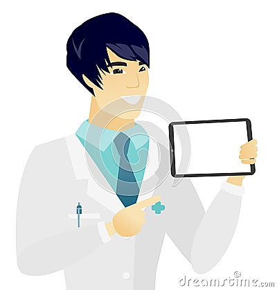 Young asian doctor holding tablet computer. Vector Illustration