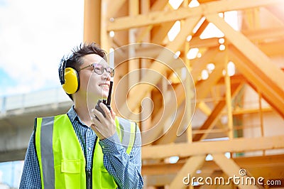 Young asian engineers are working on the construction site Stock Photo