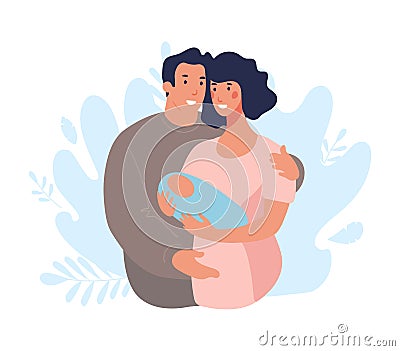 Young Asian family with a newborn baby. Mom holds her son in her arms. Husband and wife hug and take care of their Vector Illustration