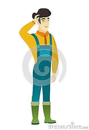 Young asian farmer in coveralls laughing. Vector Illustration