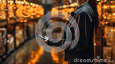 Young asian female warehouse worker using smartphone. This is a freight transportation and distribution warehouse. Industrial Stock Photo