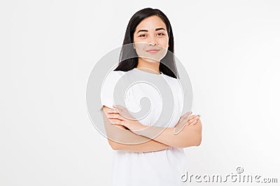 Young asian girl isolated on white background. Japanese girl. Beauty and skin care concept. Copy space. Mock up. Summer woman Stock Photo