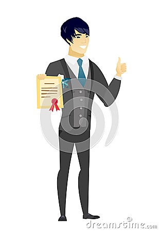 Young asian groom holding a certificate. Vector Illustration