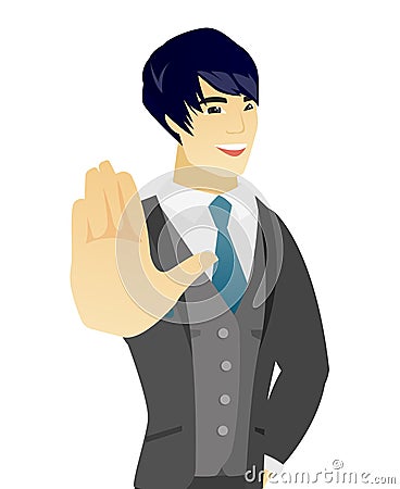 Young asian groom showing palm hand. Vector Illustration