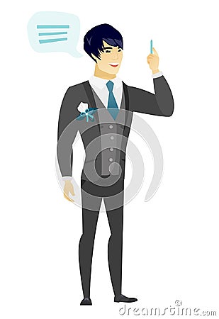 Young asian groom with speech bubble. Vector Illustration