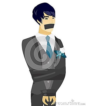 Young asian groom tied up with rope. Vector Illustration