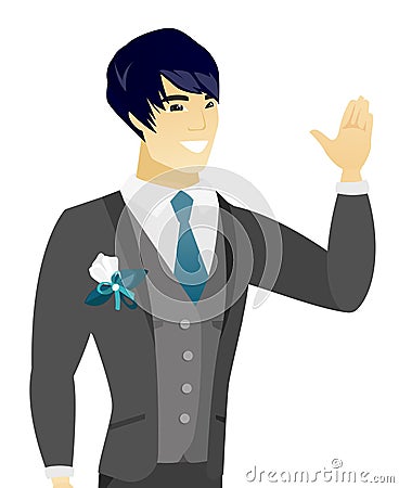 Young asian groom waving his hand. Vector Illustration