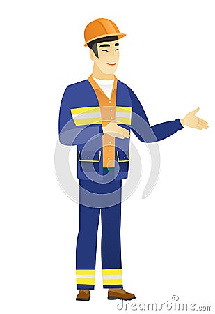 Young asian happy builder gesturing. Vector Illustration