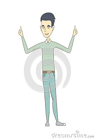 Young asian man standing with raised arms. Vector Illustration