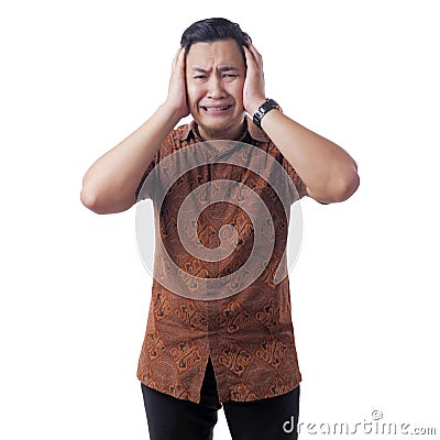 Man Covered his Ear Ignoring Noise Stock Photo