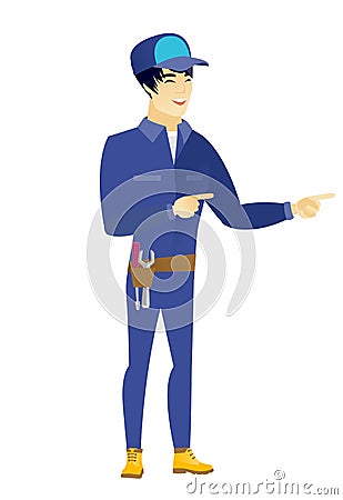 Young asian mechanic pointing to the side. Vector Illustration