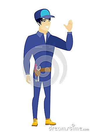 Young asian mechanic waving his hand. Vector Illustration