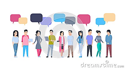 Young Asian Men And Women Group With Chat Bubbles Chinese Or Japanese Male And Female People Full Length Communication Vector Illustration