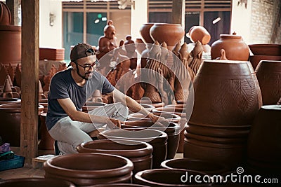 young asian pottery craftsman holding pottery products ready for sale Stock Photo