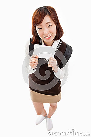 Young Asian student showing empty card Stock Photo