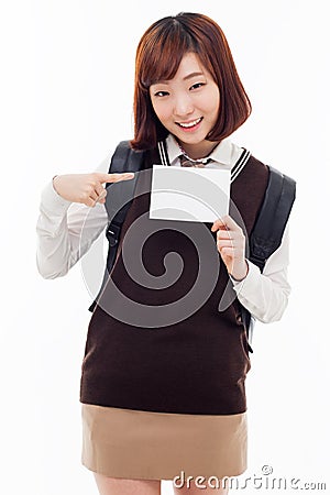 Young Asian student showing empty card Stock Photo