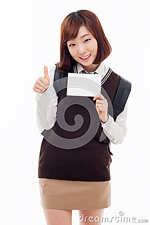 Young Asian student showing empty card Stock Photo