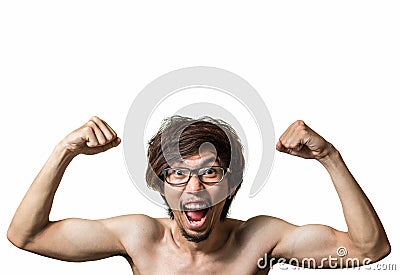 Young asian thin crazy naked man show his muscle isolate on white background, With clipping path Stock Photo