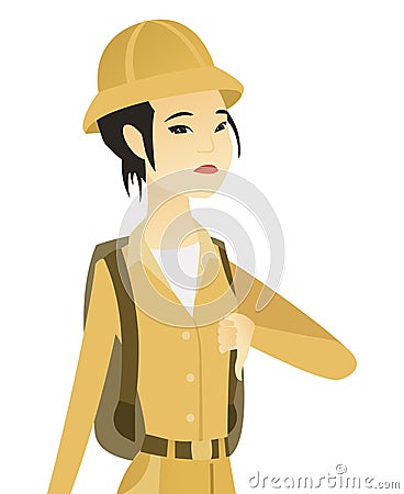 Young asian traveler with thumb down. Vector Illustration