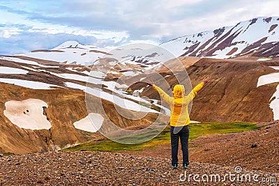 Young asian traveler woman enjoying in Kerlingarfjoll volcanic mountain on geothermal area in summer Stock Photo