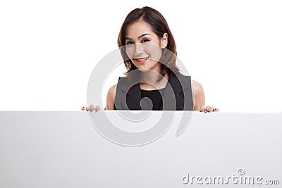 Young Asian woman with blank sign. Stock Photo