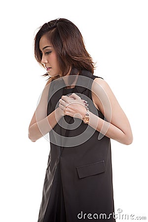 Young Asian woman got chest pain. Stock Photo