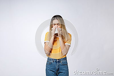 Young Asian woman got sick and flu cold or allergy symptom isolated on white background. Stock Photo