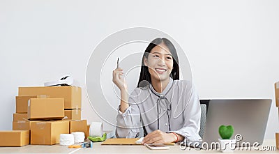 Young Asian woman is an online merchandiser and is currently managing conversations and receiving orders from customers via the In Stock Photo