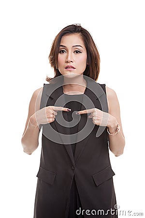 Young Asian woman point at herself ask why me. Stock Photo