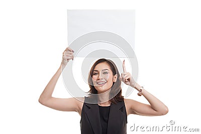 Young Asian woman point to blank sign. Stock Photo