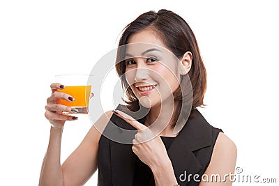 Young Asian woman point to orange juice. Stock Photo