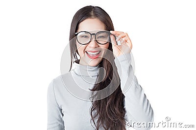 Young Asian woman with smiley face wearing glasses isolated on w Stock Photo