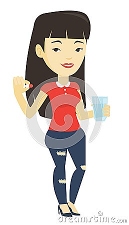 Young asian woman taking pills. Vector Illustration