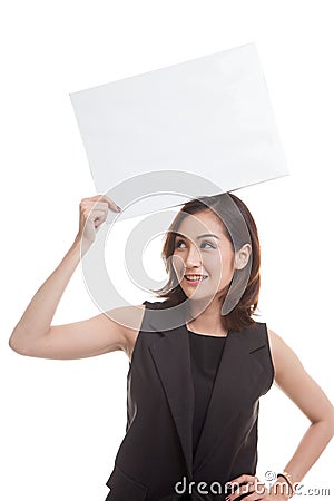 Young Asian woman with white blank sign. Stock Photo