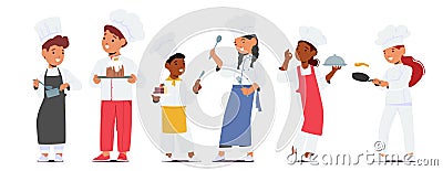 Young Aspiring Children Chefs Explore Culinary Delights, Wielding Spatulas And Aprons. Kids Characters in Culinary Vector Illustration