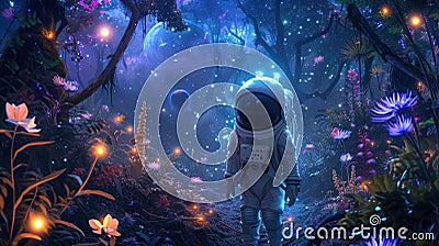 Young astronaut in fairy tale world in deep space, child in spacesuit walks in magical forest on far planet. Kid in neon garden Stock Photo