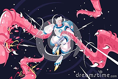 Young astronaut vs dangerous alien tentacles Vector Illustration