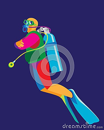 A young athlete in a wet suit is a scuba diver Vector Illustration