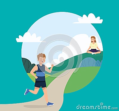 young athletes couple in the park Vector Illustration