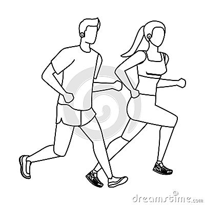 young athletic couple running characters Cartoon Illustration