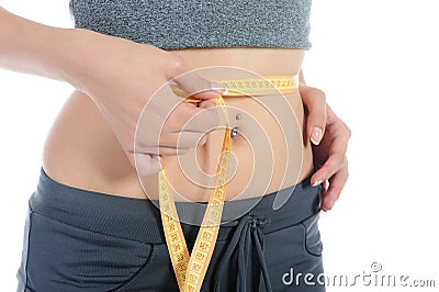 Young athletic girl measuring waist. Stock Photo