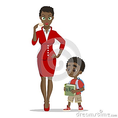 Young attractive african mother with her little son. Happy little boy. Happy concept. Young family on white background. Vector Illustration