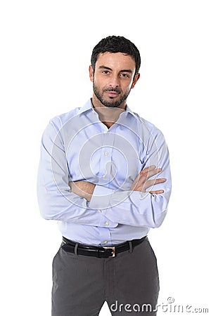 Young attractive business man standing in corporate portrait isolated on white background Stock Photo
