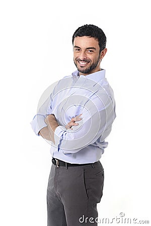 Young attractive business man standing in corporate portrait isolated on white background Stock Photo