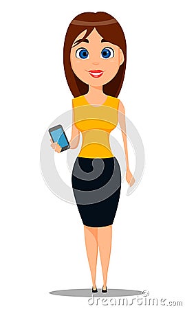 Young attractive businesswoman in smart casual clothes standing with smartphone Vector Illustration