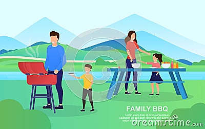 Young attractive couple with children making a BBQ outdoor. The father teaches his son to cook meat. Mother shows Vector Illustration