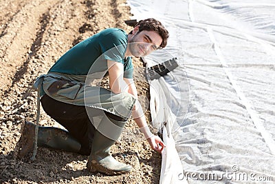 Young attractive farmer verify progress of culture Stock Photo