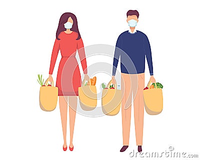 Young attractive fashionable woman and man in Medical mask for prevent virus Covid-19 holding packages with foods Vector Illustration